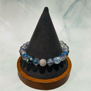 Beaded Blue Agate Stretch Bracelet with Pave Accent